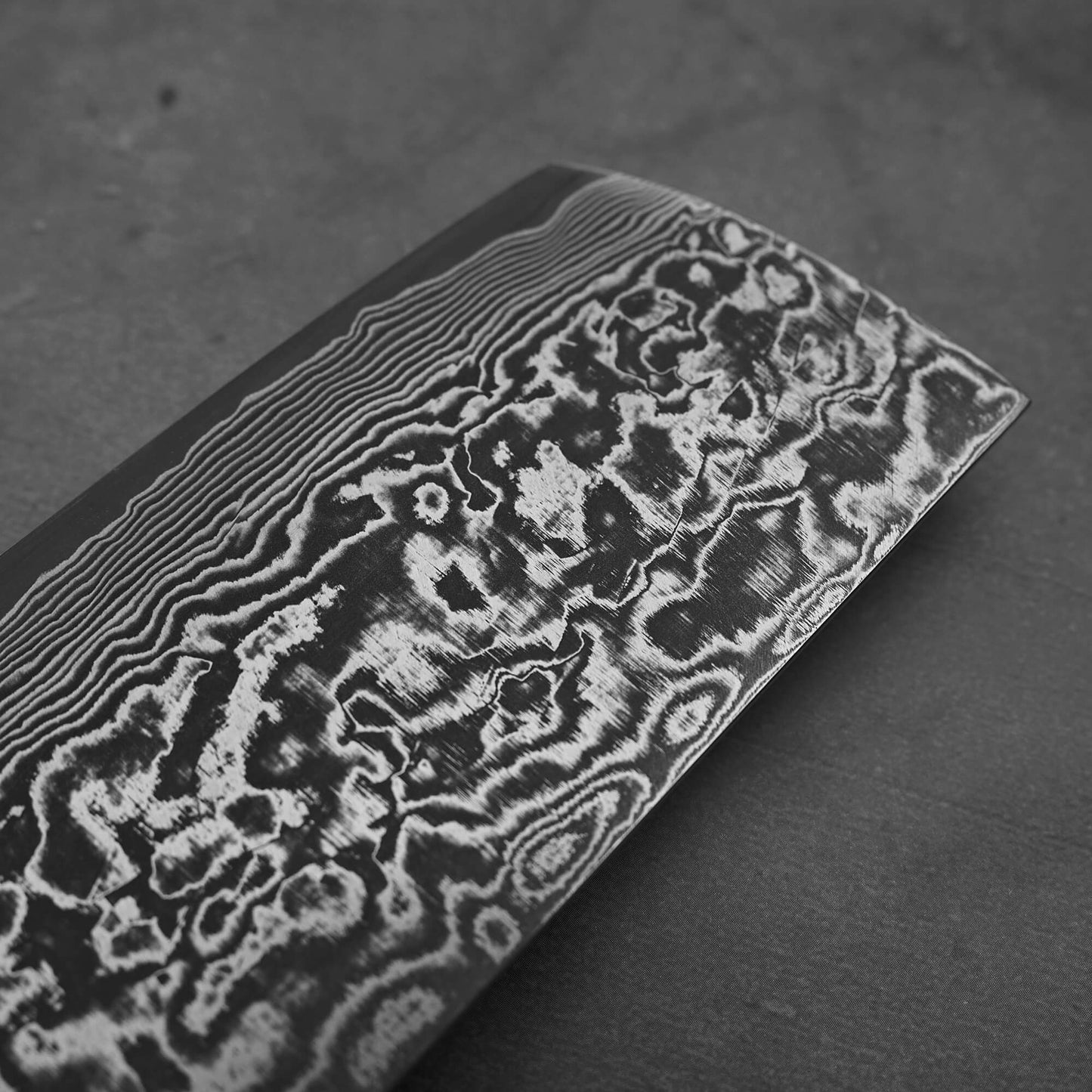 Close up view of the tip area of Takeshi Saji black damascus SG2 nakiri ironwood. Image focuses on the left side of the knife
