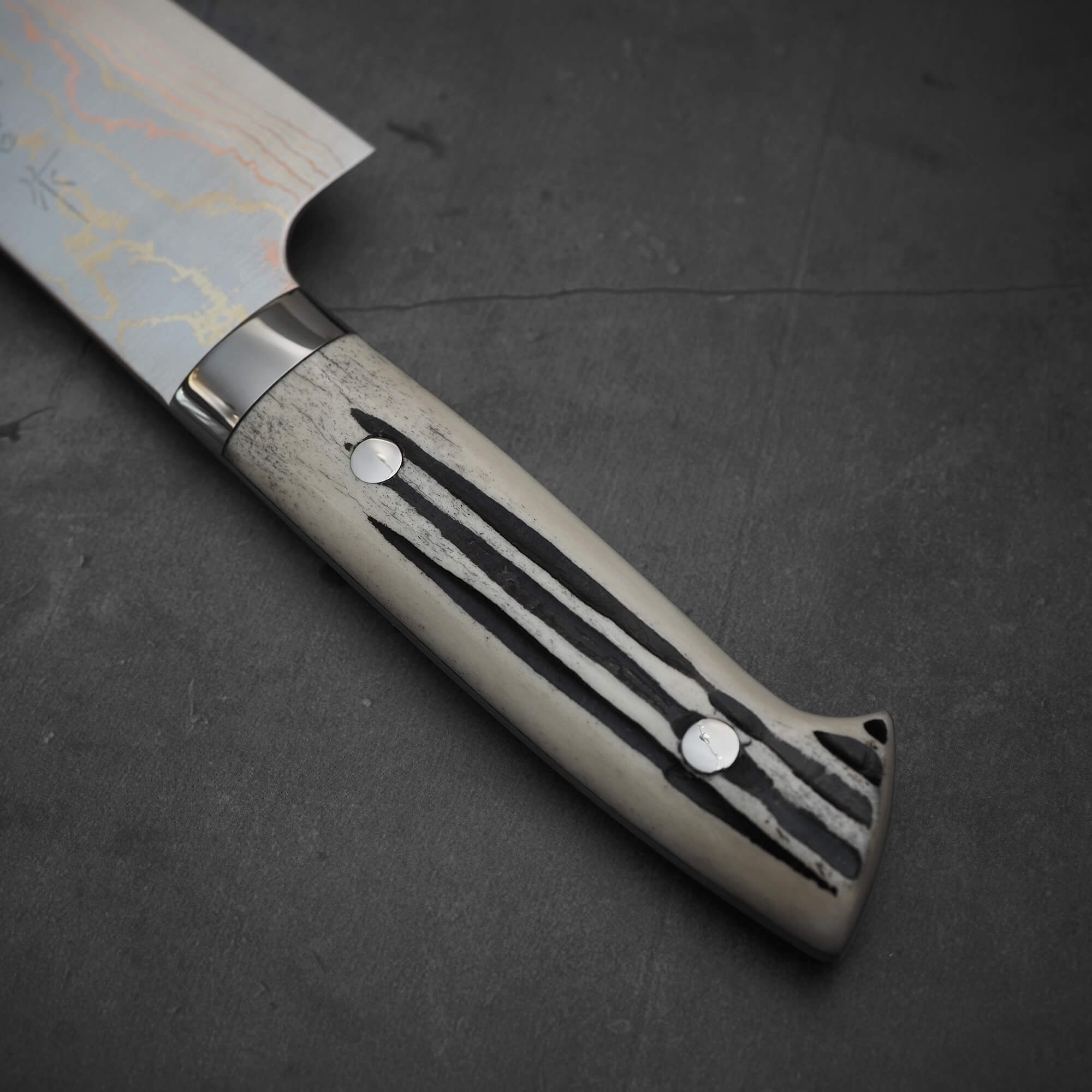 Takeshi Saji rainbow damascus aogami#2 gyuto stag handle 210mm