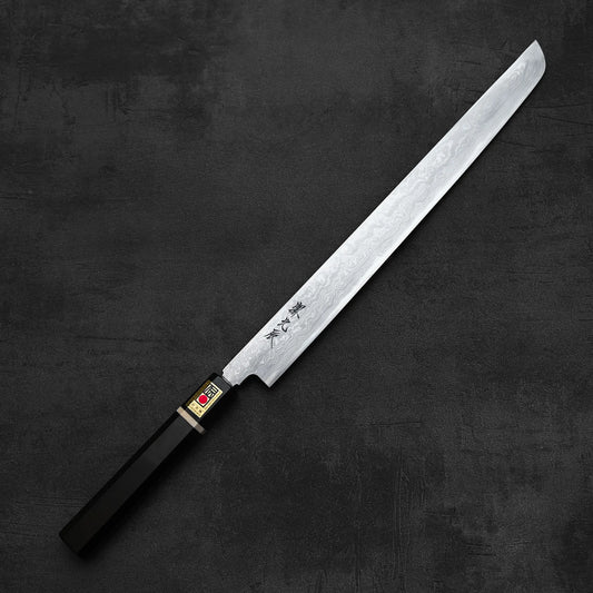 Top down view of Yoshikazu Ikeda aogami#1 damascus sakimaru sujihiki knife