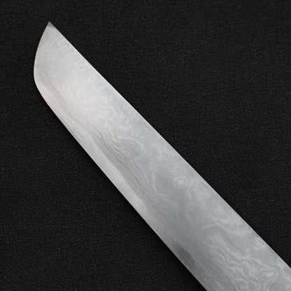 Close up view of the tip area of the back blade of Yoshikazu Ikeda aogami#1 damascus sakimaru sujihiki knife