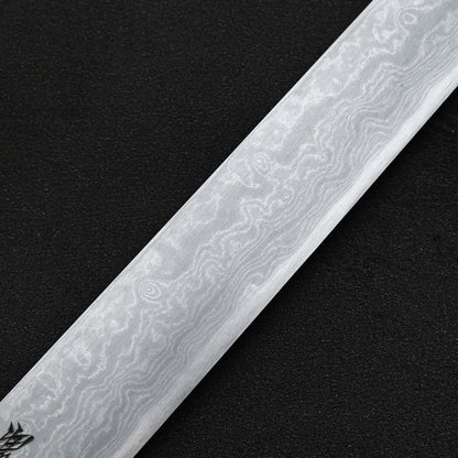 Close up view of the damascus pattern of Yoshikazu Ikeda aogami#1 damascus sakimaru sujihiki knife