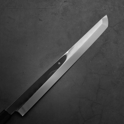 Close up view of the front blade of Yoshikazu Ikeda honyaki sakimaru takohiki. This hand-forged Japanese knife is made of shirogami#1 steel.
