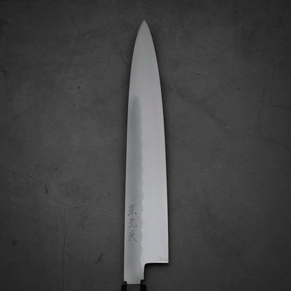 Close up view of Yoshikazu Ikeda honyaki sujihiki. This hand-forged Japanese knife is made of shirogami#3 steel.