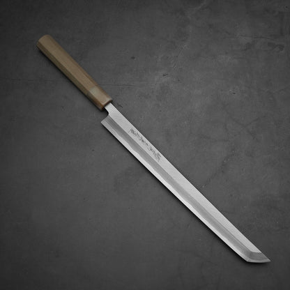 Top down view of Yoshikazu Tanaka 300mm sakimaru takohiki knife with a hand-forged blade made of shirogami#2 steel.