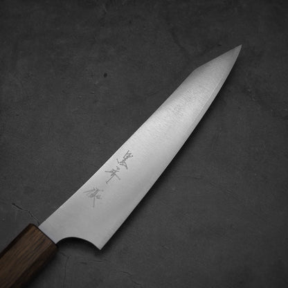 Top view of the blade of a Yu Kurosaki HAP40 Gekko petty knife. Image shows the right side of the blade