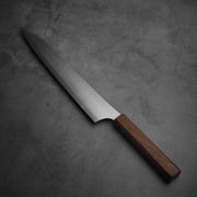 Top view of Yu Kurosaki HAP40 Gekko kiritsuke sujihiki 270mm. Tip is facing upper left. 