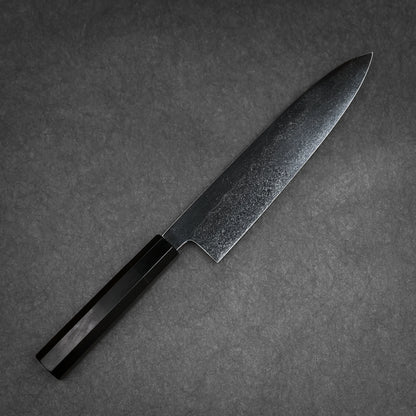 240mm Kenji Togashi honyaki aogami#1 gyuto knife showing blade profile with banding on blade