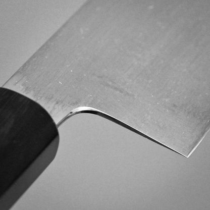 240mm Kenji Togashi honyaki aogami#1 gyuto knife showing close-up of choil