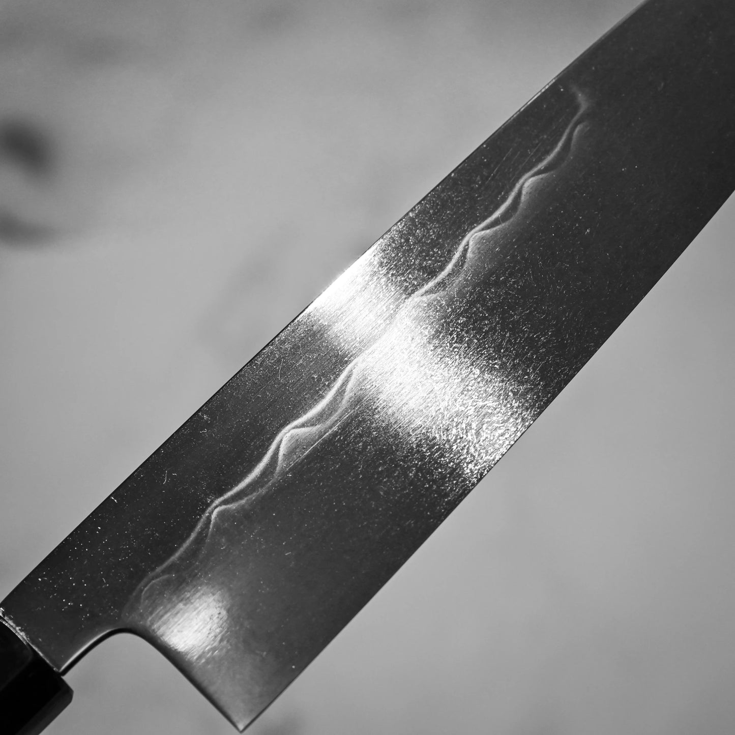 240mm Kenji Togashi honyaki aogami#1 gyuto knife right side view showing hamon pattern