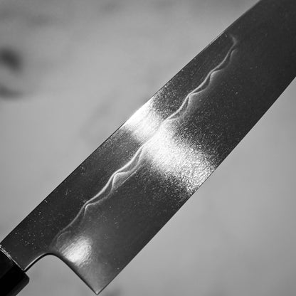 240mm Kenji Togashi honyaki aogami#1 gyuto knife right side view showing hamon pattern