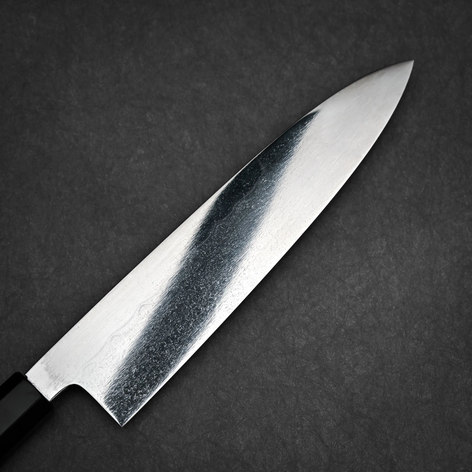 240mm Kenji Togashi honyaki aogami#1 gyuto knife right side view showing mirror finish and banding