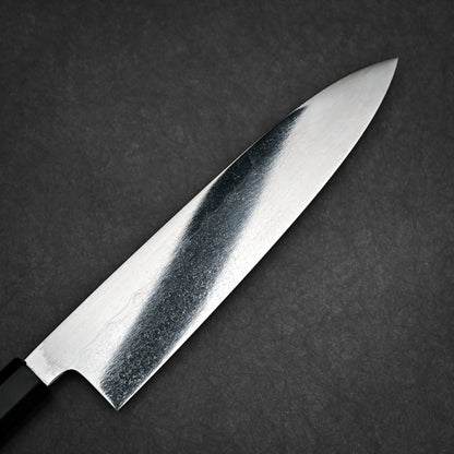 240mm Kenji Togashi honyaki aogami#1 gyuto knife right side view showing mirror finish and banding