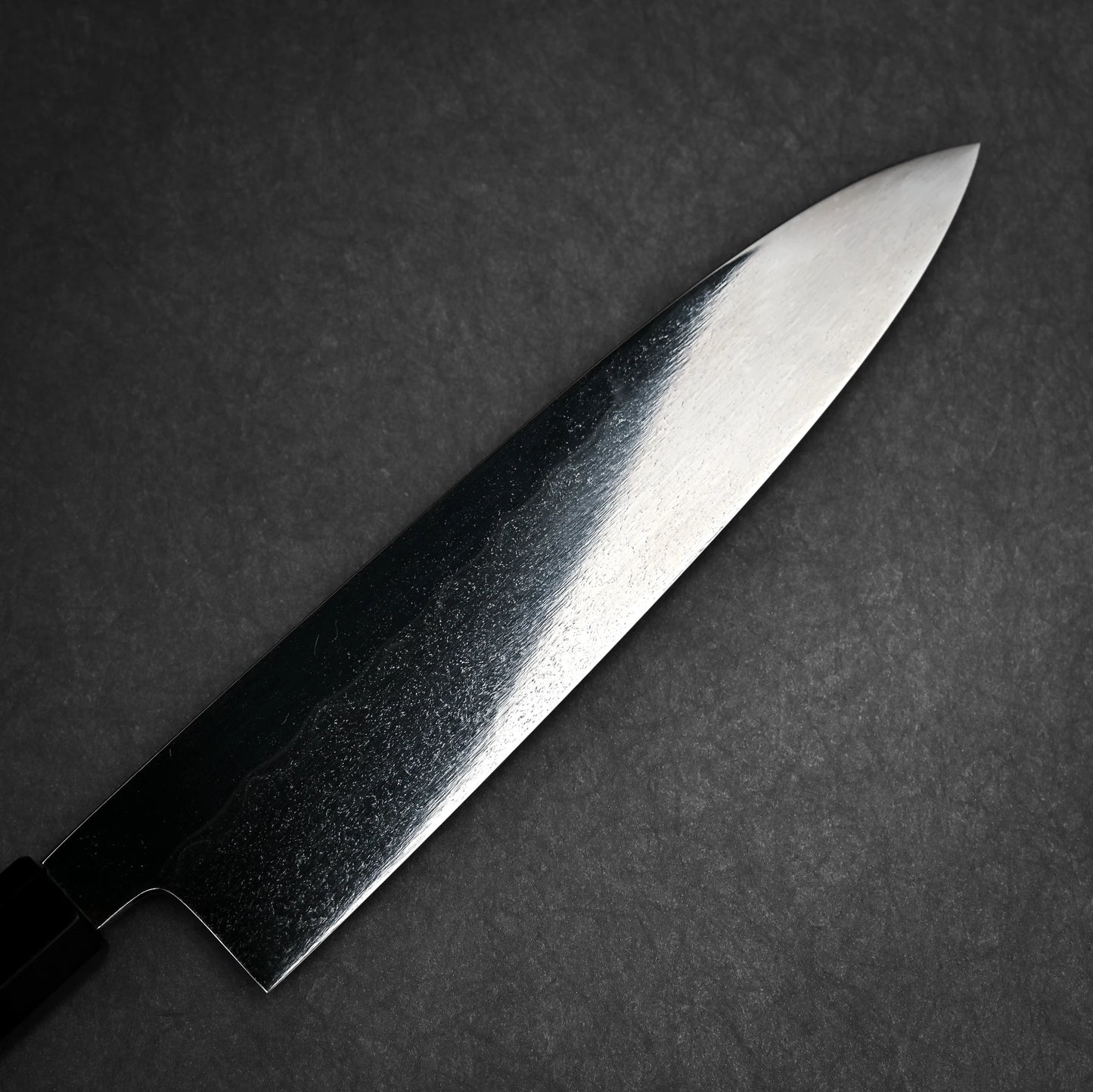 240mm Kenji Togashi honyaki aogami#1 gyuto knife right side view showing banding