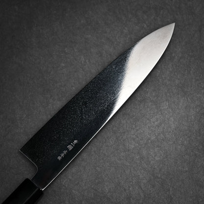 240mm Kenji Togashi honyaki aogami#1 gyuto knife left side view showing banding