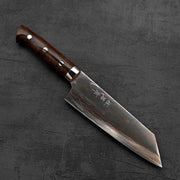 Another top down view of Takeshi Saji rainbow damascus aogami#2 bunka knife in diagonal position