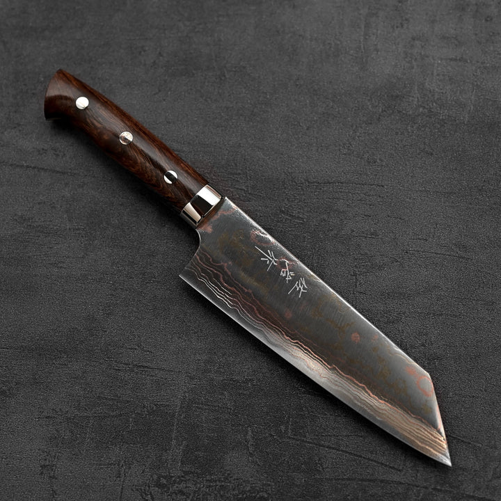 Another top down view of Takeshi Saji rainbow damascus aogami#2 bunka knife in diagonal position