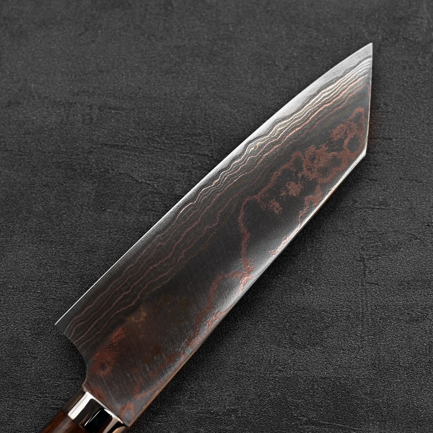 Back side of the blade of Takeshi Saji rainbow damascus aogami#2 bunka knife