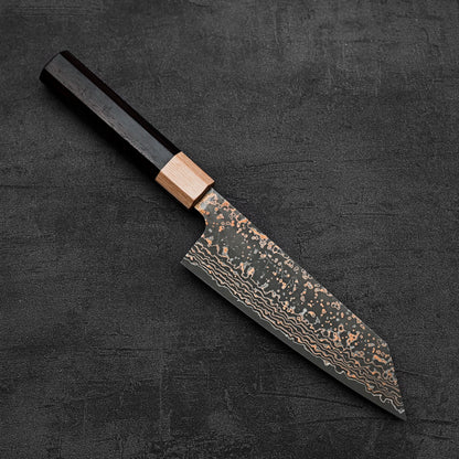 Another top down view of Takeshi Saji VG10 Gold damascus bunka knife in diagonal position