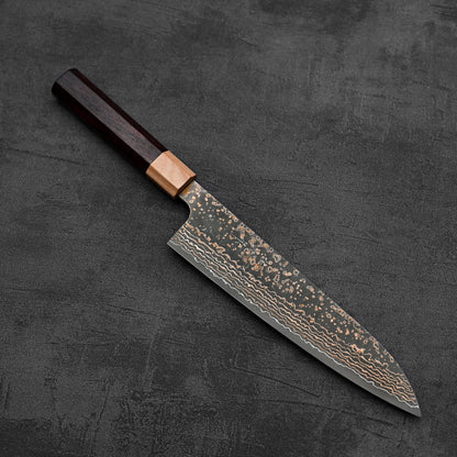 Another top down view of Takeshi Saji VG10 Gold damascus gyuto knife in diagonal position