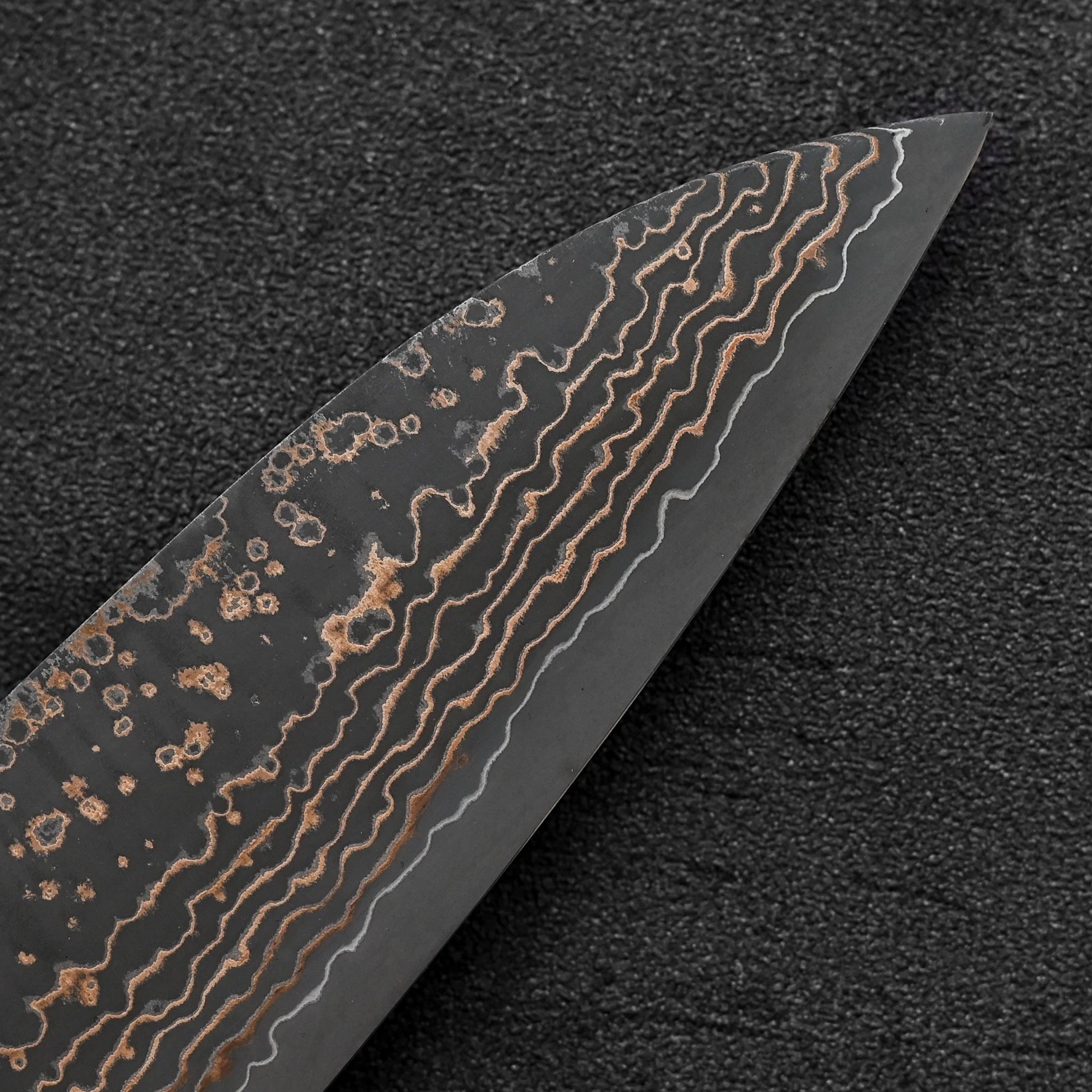 Close up of the tip area of Takeshi Saji VG10 Gold damascus gyuto knife