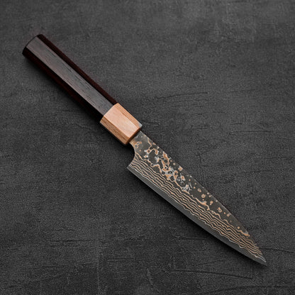 Another top down view of Takeshi Saji VG10 Gold damascus petty knife in diagonal position