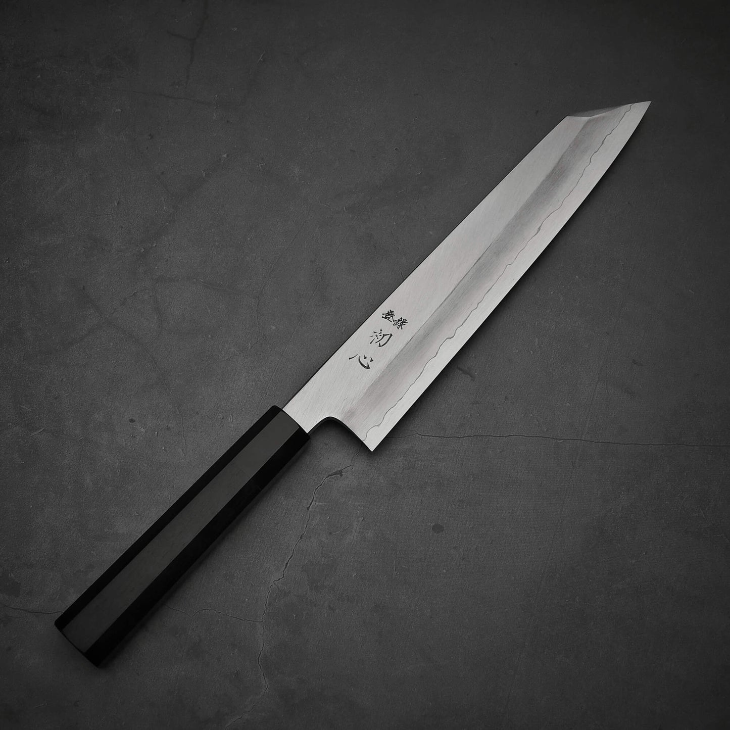 Top view of Hatsukokoro Nakagawa ginsan kiritsuke gyuto knife