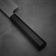 Close up view of the handle of Hatsukokoro Nakagawa ginsan kiritsuke gyuto knife