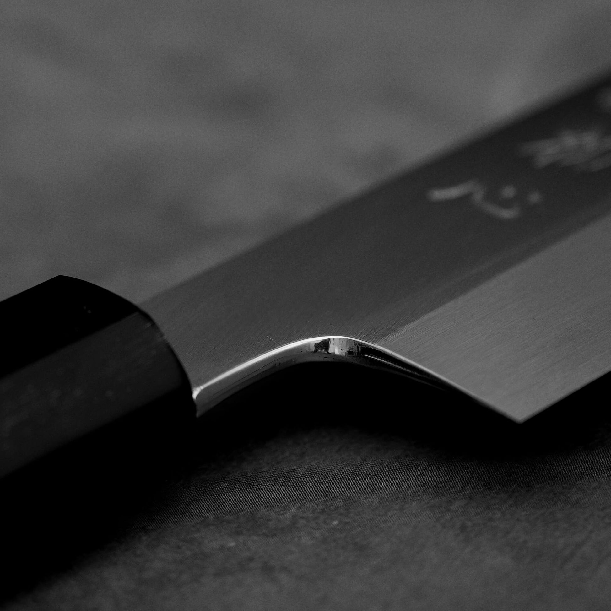Close up view of the polished choil of Hatsukokoro Nakagawa ginsan kiritsuke gyuto knife