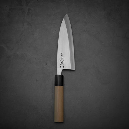 Top view of Masamoto KS shirogami#2 deba knife in vertical position