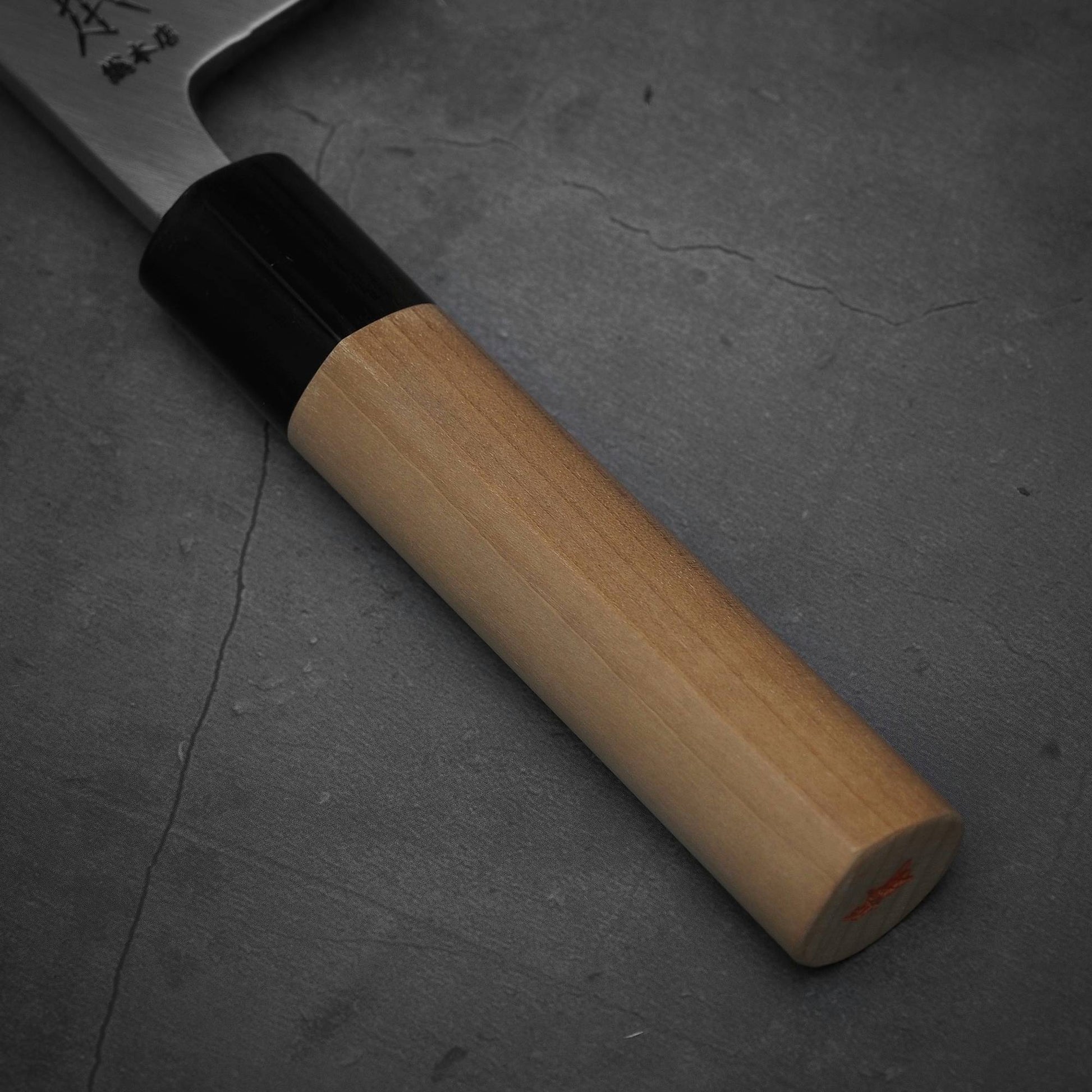 Close up view of the handle of Masamoto KS shirogami#2 deba knife