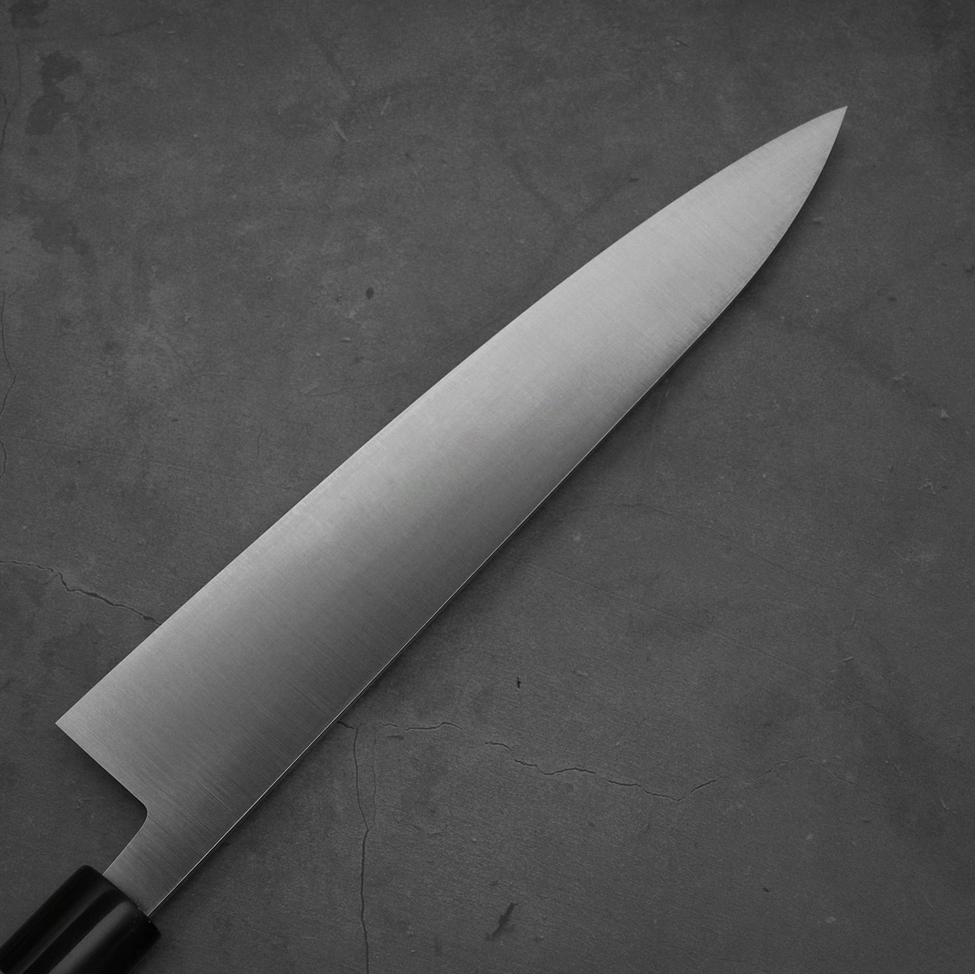 Close up view of the blade of Masamoto KS shirogami#2 gyuto . Image shows left side of the blade