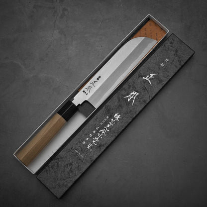 Top view of Masamoto KS shirogami#2 kamagata usuba knife in its box