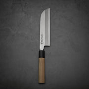 Top view of Masamoto KS shirogami#2 kamagata usuba knife in vertical position