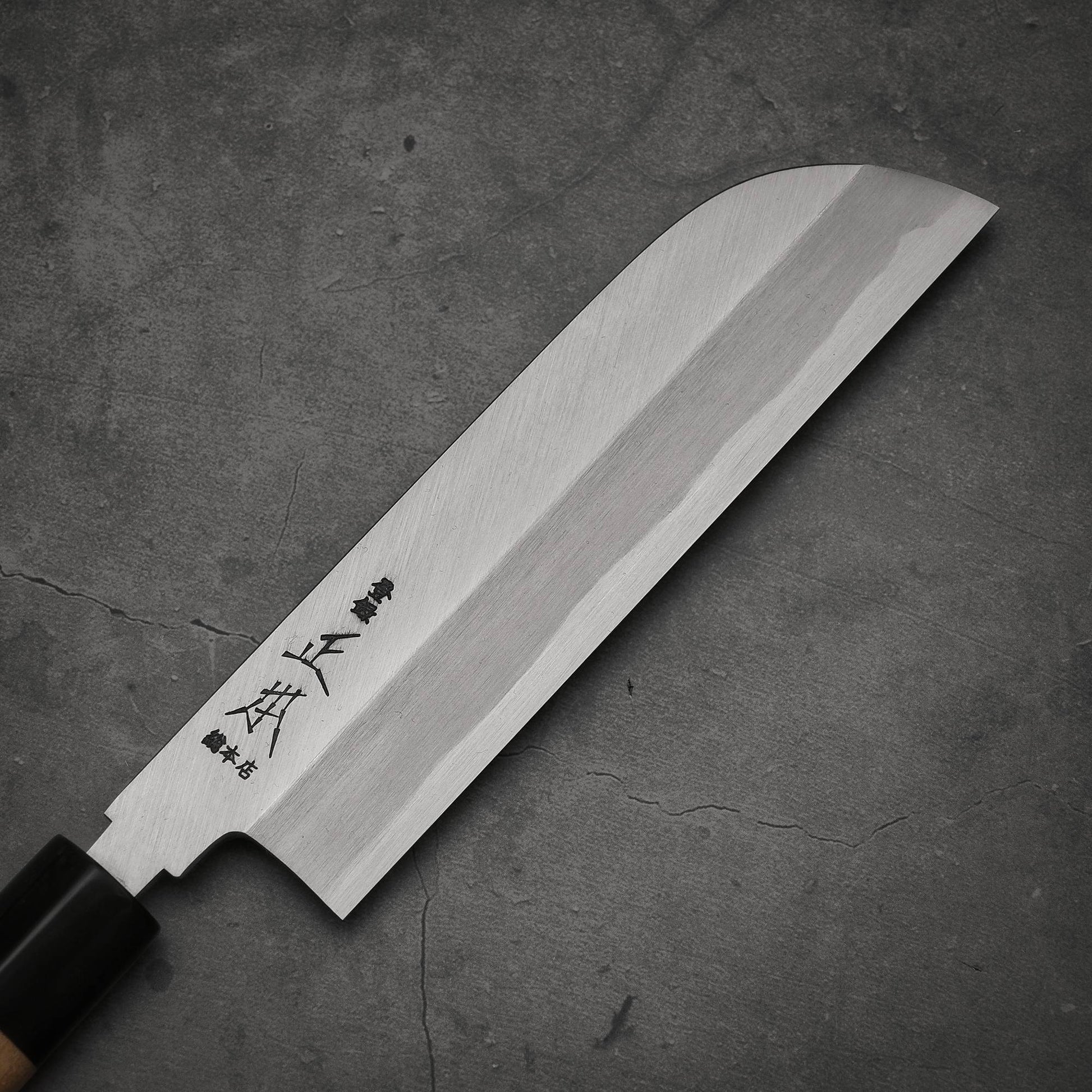 Close up view of the blade of Masamoto KS shirogami#2 kamagata usuba knife