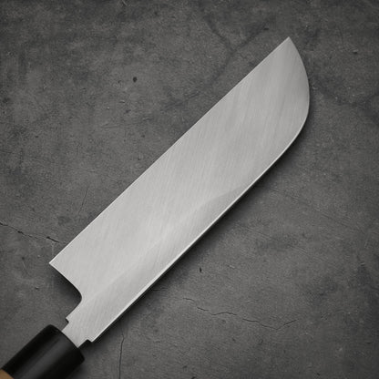 Close up view of the blade of Masamoto KS shirogami#2 kamagata usuba knife. Image shows the back side