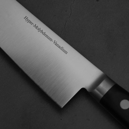 Close up view of the steel name of Masamoto VG yo-gyuto knife