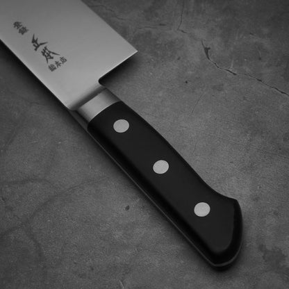 Close up view of the handle of Masamoto VG yo-gyuto knife