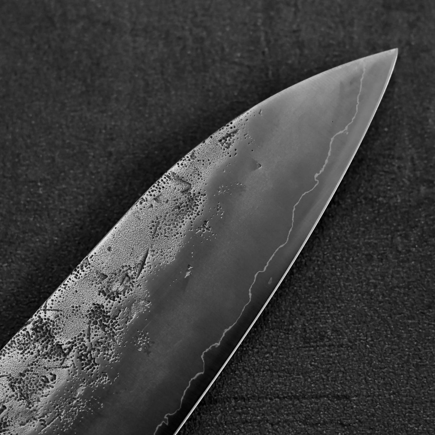 Close up view of the tip area of Tsunehisa nashiji SLD gyuto knife