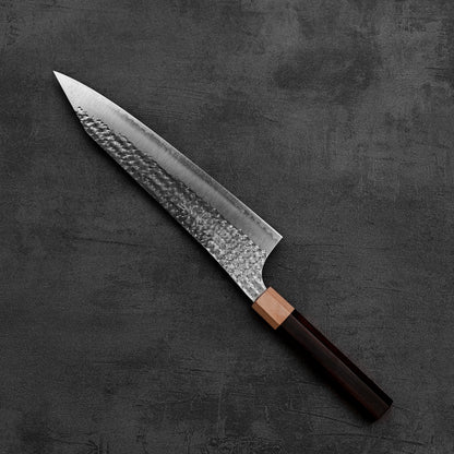 Top down view of Yu Kurosaki Senko SG2 gyuto knife in diagonal position