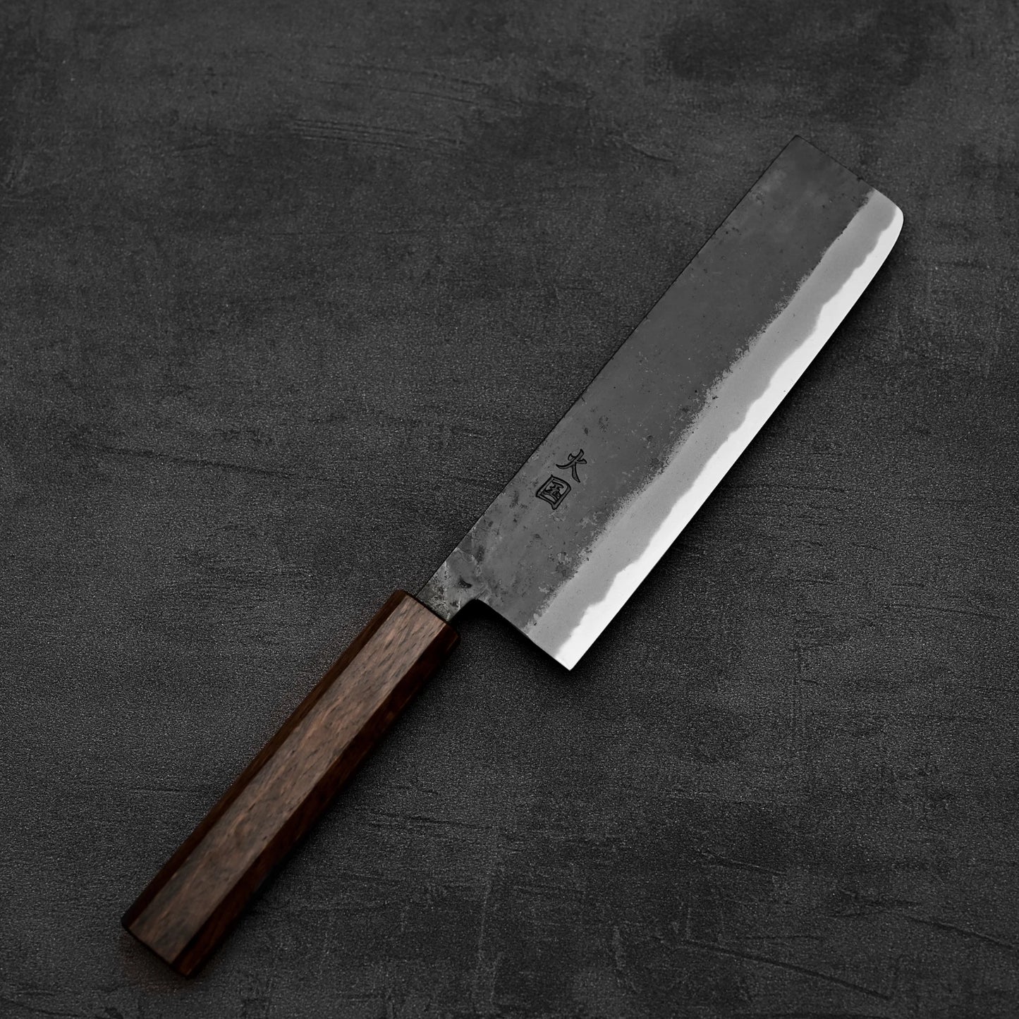 Top down view of Hinokuni kurouchi shirogami#1 nakiri knife