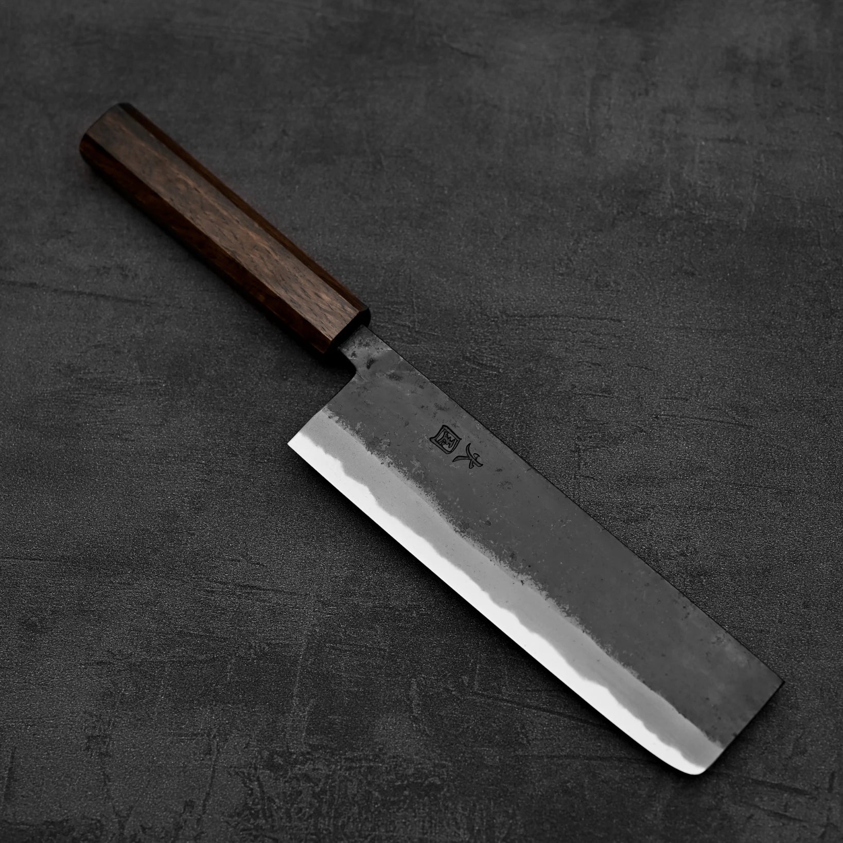 Another top down view of Hinokuni kurouchi shirogami#1 nakiri knife in diagonal position