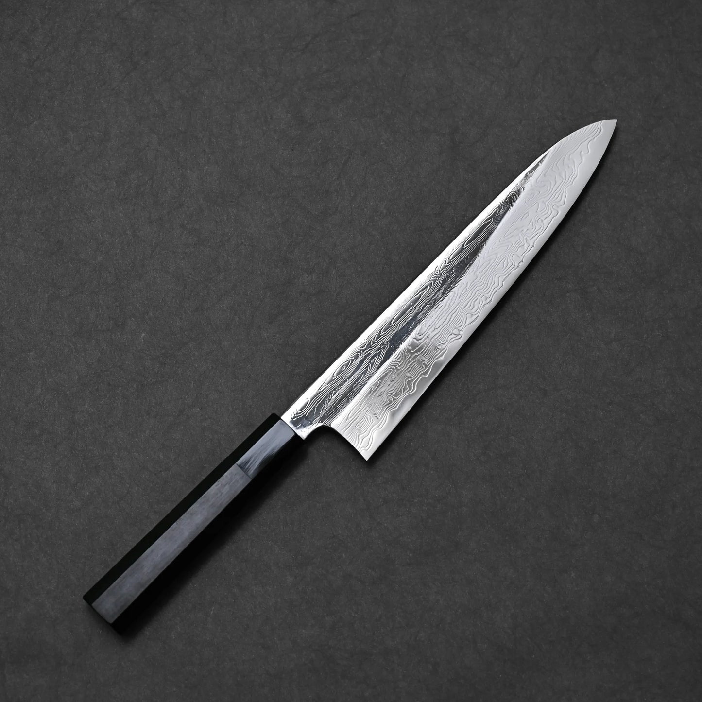 240mm Nakagawa SPG STRIX damascus gyuto knife showing complete blade profile