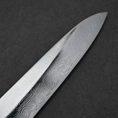 Close-up shot of the tip area of 240mm Nakagawa SPG STRIX damascus gyuto knife