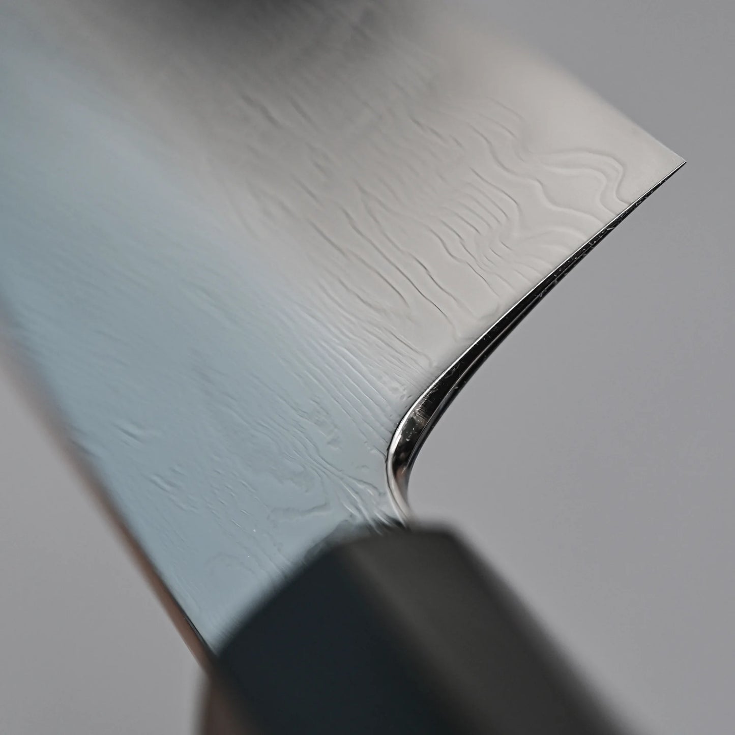 Close-up shot of the choil finish of 240mm Nakagawa SPG STRIX damascus gyuto knife