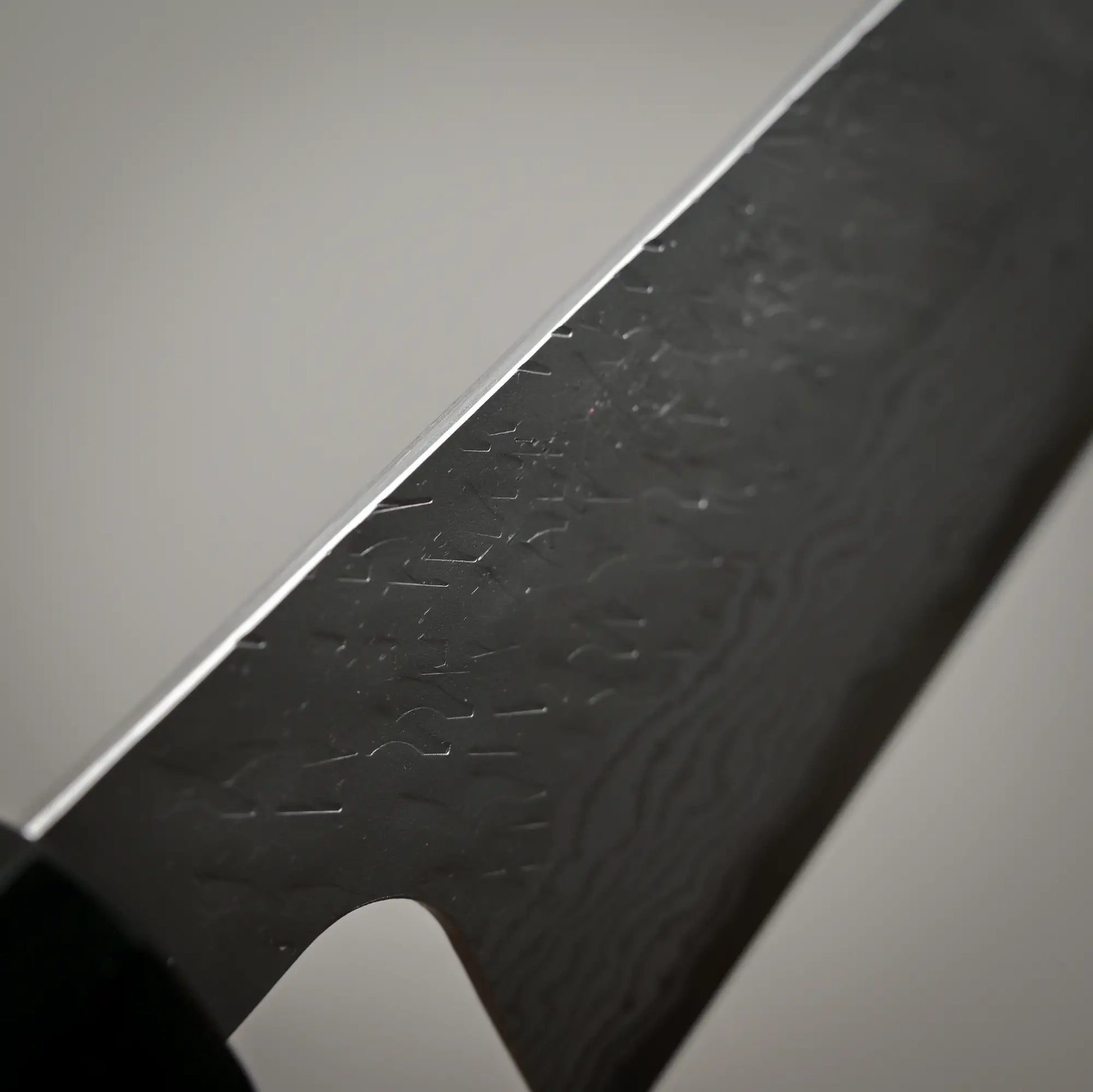 Close-up view of the spine of 210mm Nigara tsuchime damacsus VG10 gyuto knife