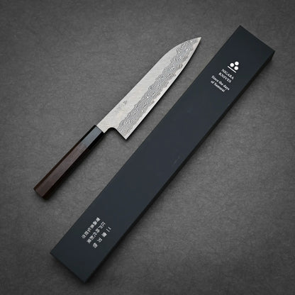 210mm Nigara tsuchime damacsus VG10 gyuto knife showing full blade profile and original box