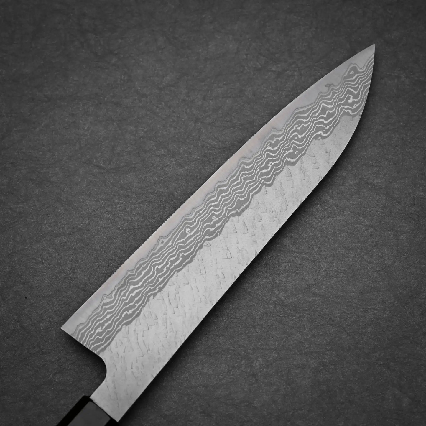 210mm Nigara tsuchime damacsus VG10 gyuto knife left side view