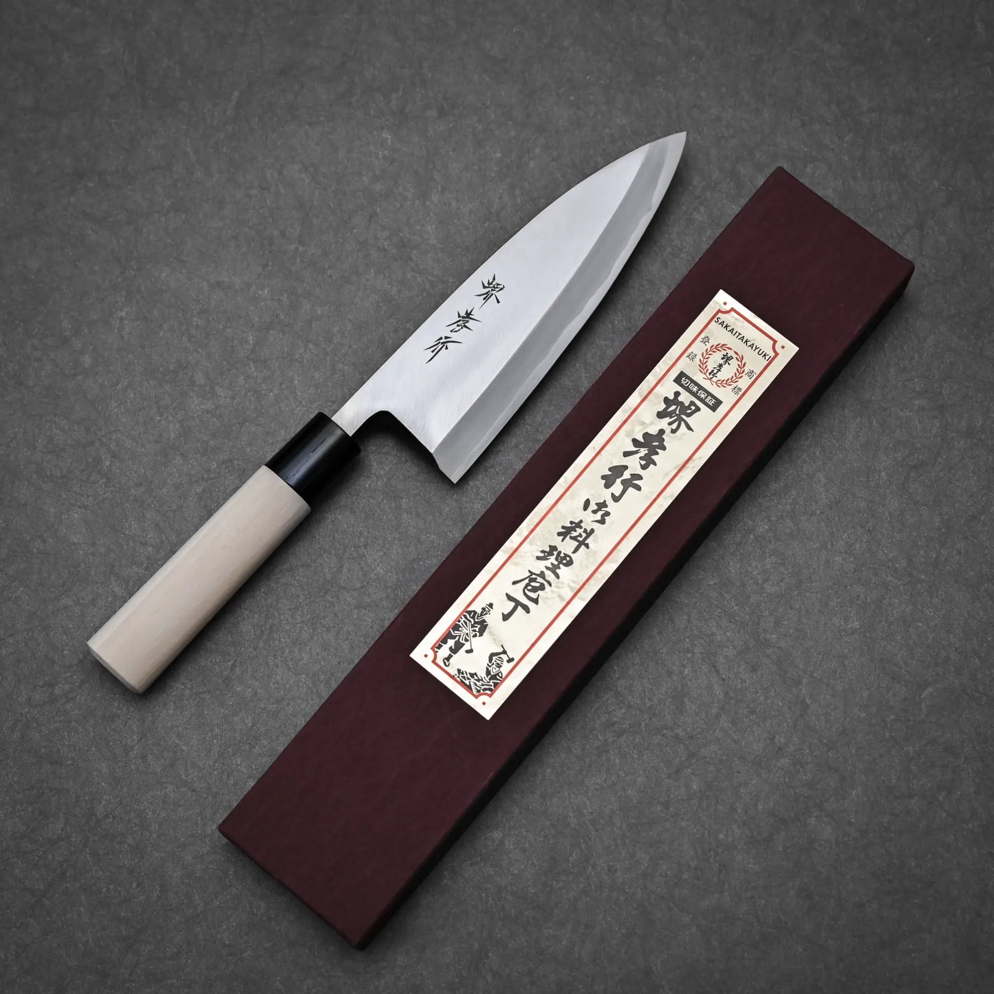 165mm Sakai Takayuki shirogami #3 deba knife showing complete blade profile with box