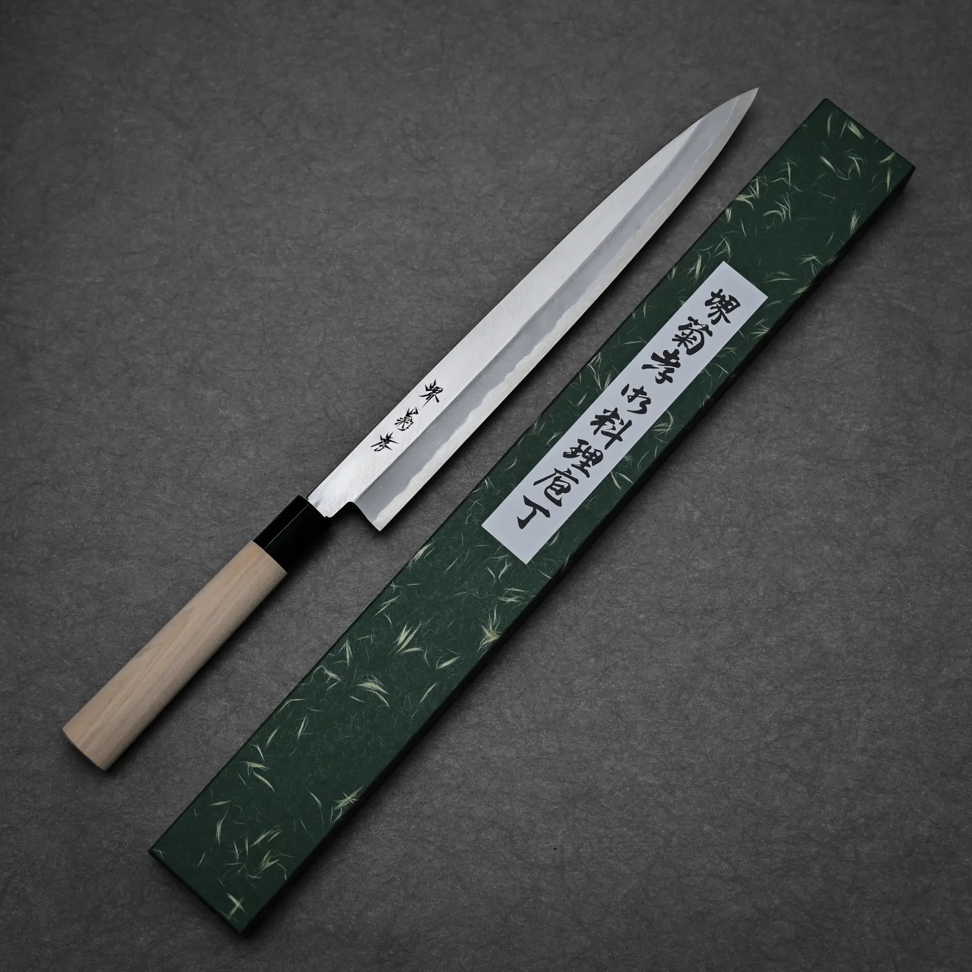 300mm Sakai Takayuki shirogami#3 yanagiba knife showing complete blade profile with box