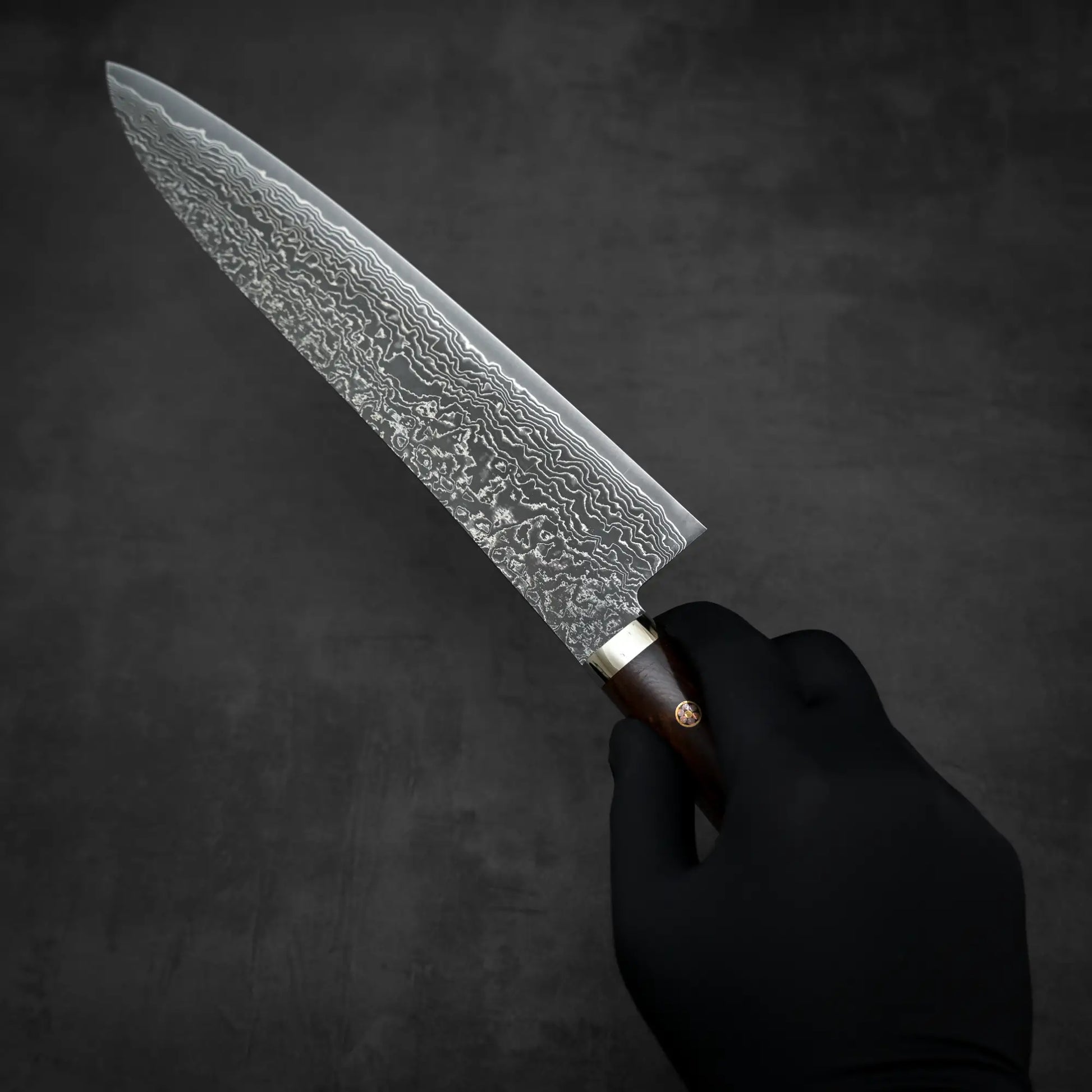 Top down view of 240mm Shigeki Tanaka R2 damascus ironwood gyuto knife being held in hand